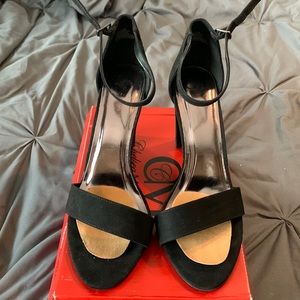 Black faux suede heels